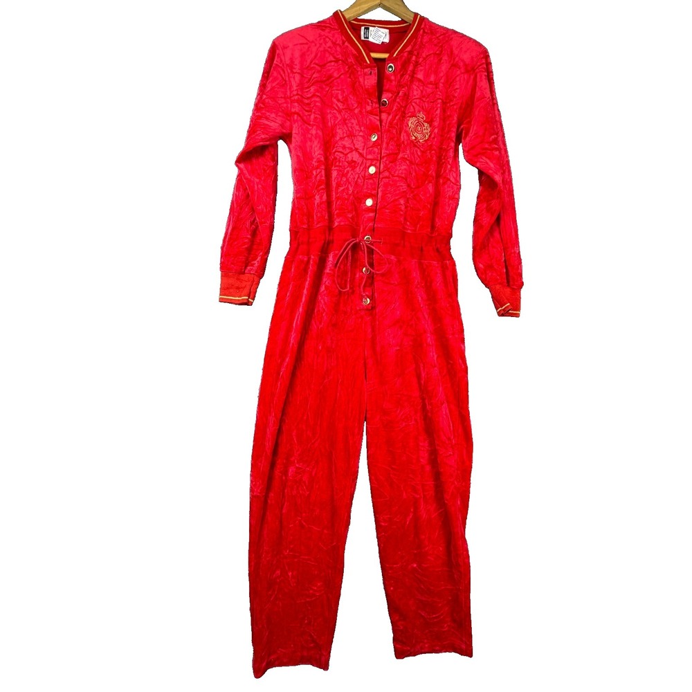Vintage SK & Company‎ Jumpsuit Womens Medium Red Velour Drawstring Gold Emblem